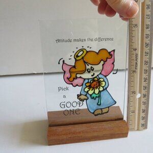 ANGEL - FAIRY BEVELED GLASS display 5" tall with wood stand Vintage